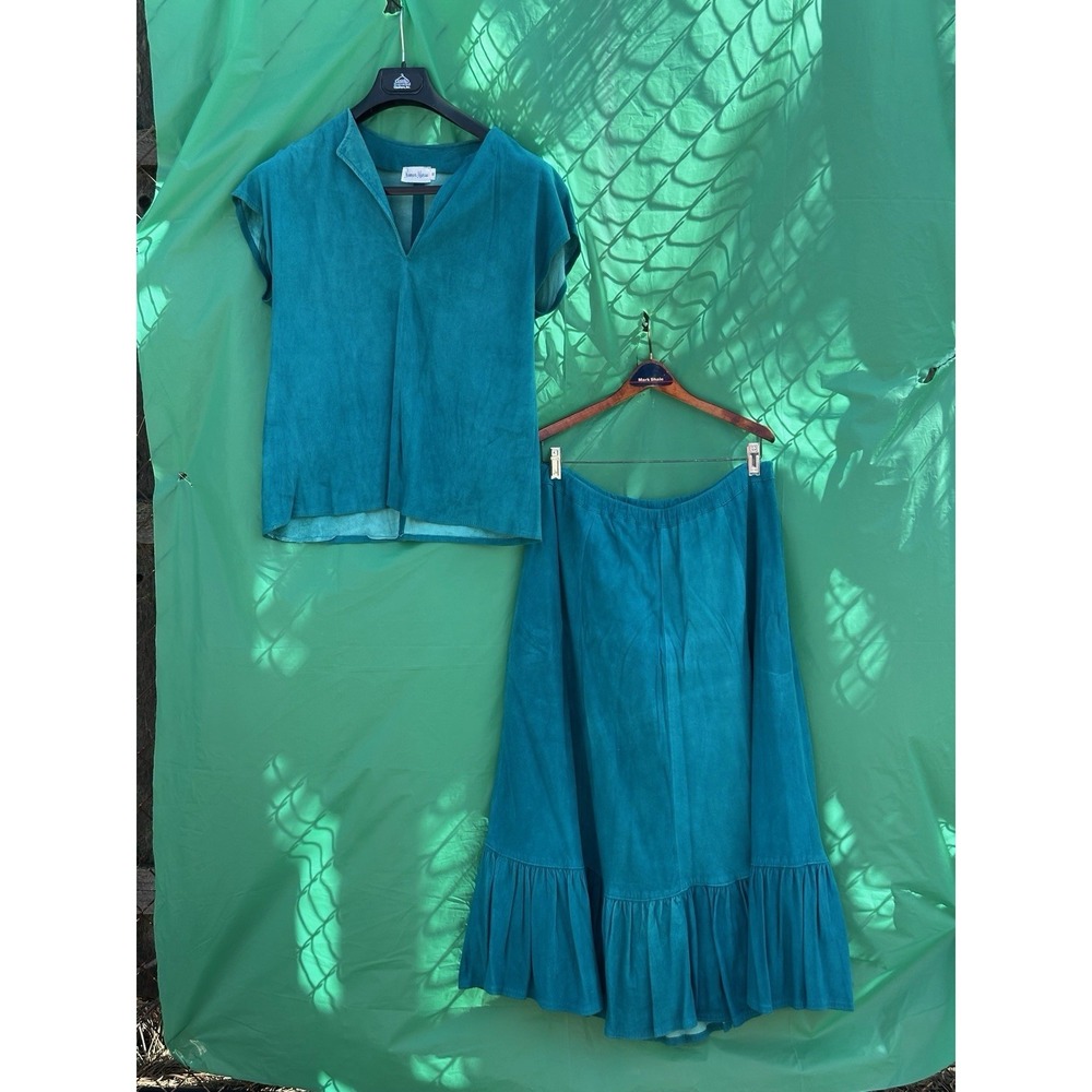 Norma Walters Suede Leather 2Pc Set Teal Top Skirt Women S Vintage
